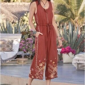Johnny Was Elia Tie‎ Linen Jumpsuit womens small rust red